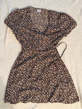 Brown Floral Wrap Dress with Soft Sleeves